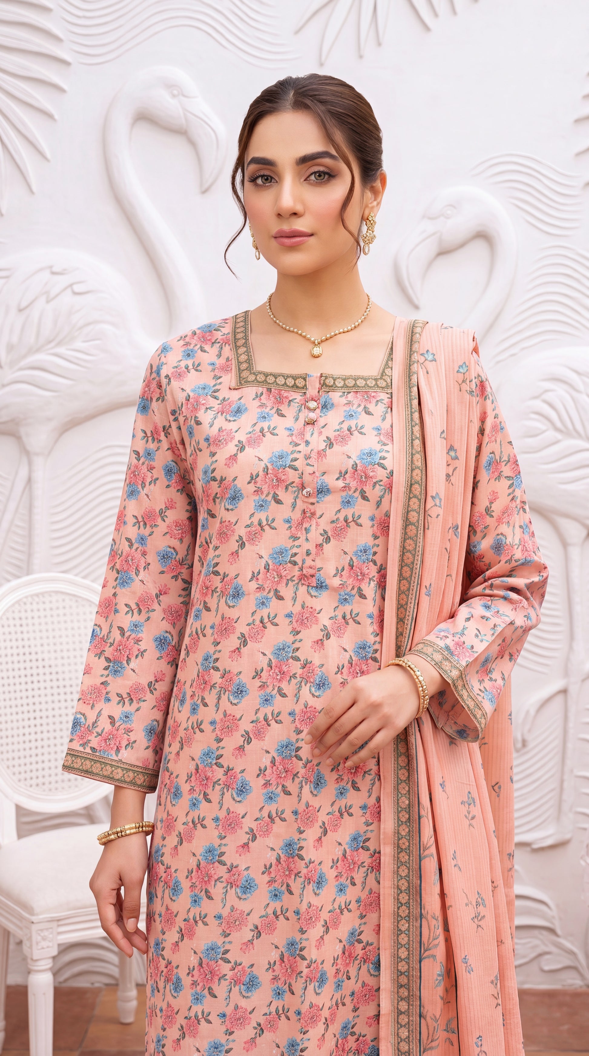 Peach Floral Cotton Net Dupatta & Thread Work Neckline 3 Piece Women Suit - PP01017 PINK / SML