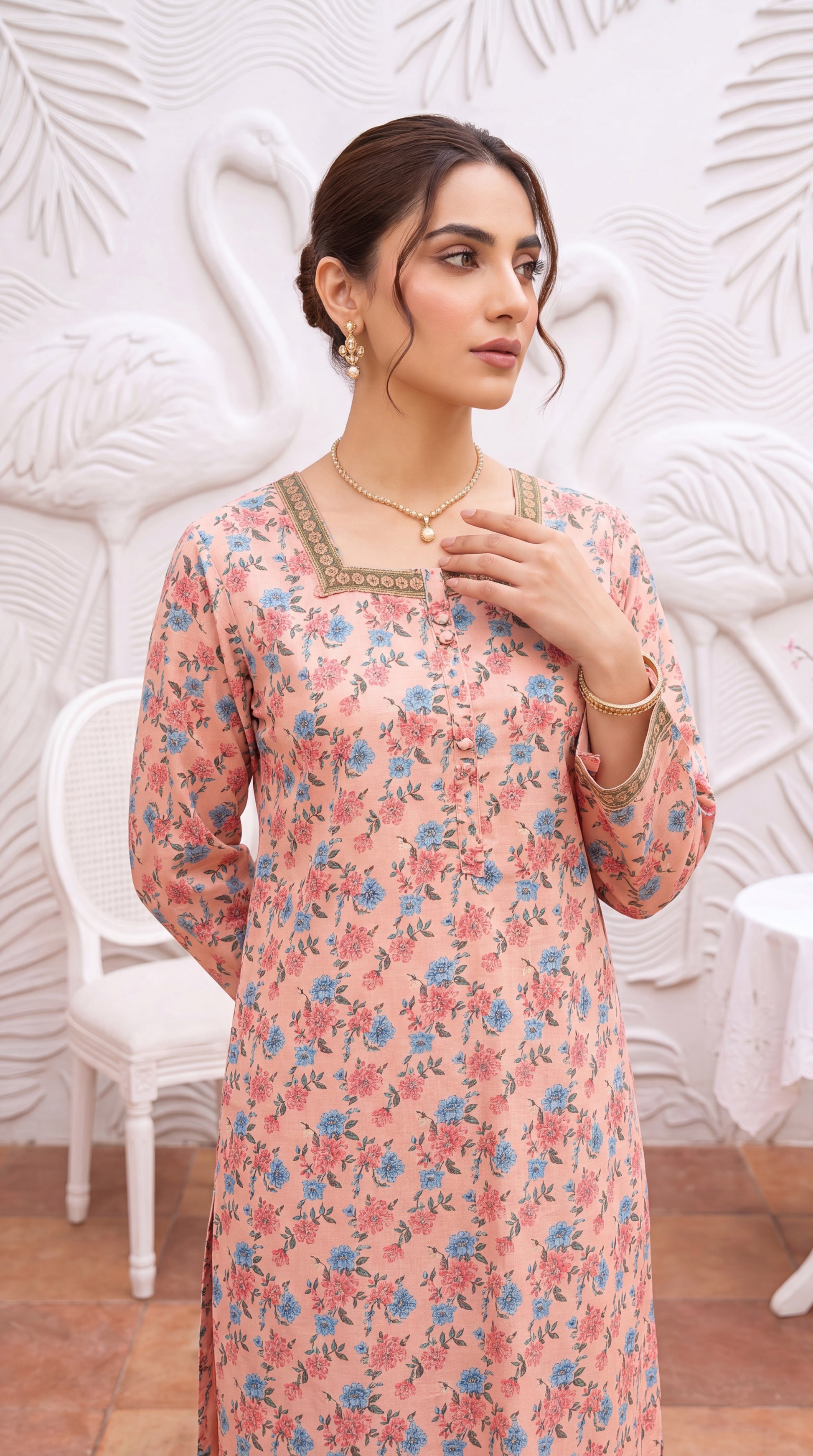 Peach Floral Cotton Net Dupatta & Thread Work Neckline 3 Piece Women Suit - PP01017 PINK / SML