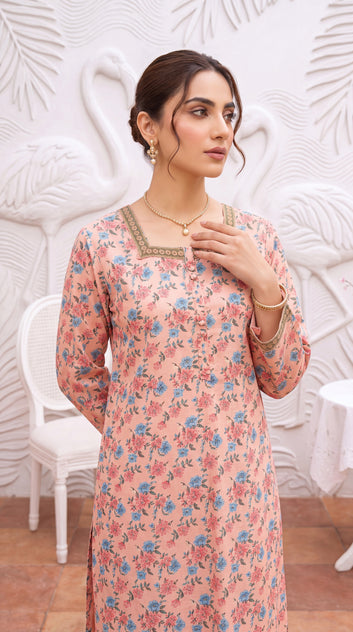 Peach Floral Cotton Net Dupatta & Thread Work Neckline 3 Piece Women Suit - PP01017 PINK / SML