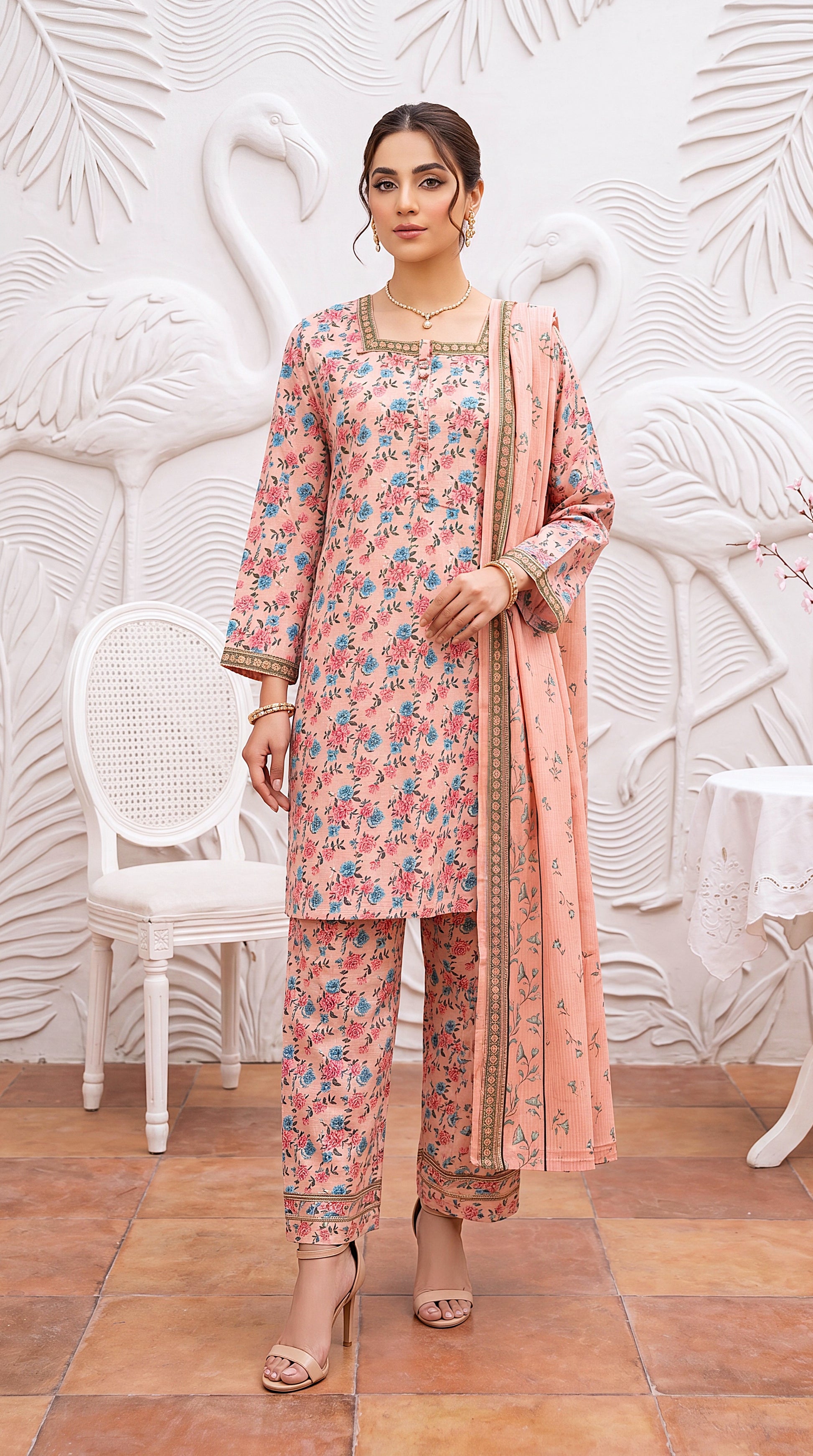 Peach Floral Cotton Net Dupatta & Thread Work Neckline 3 Piece Women Suit - PP01017 PINK / SML
