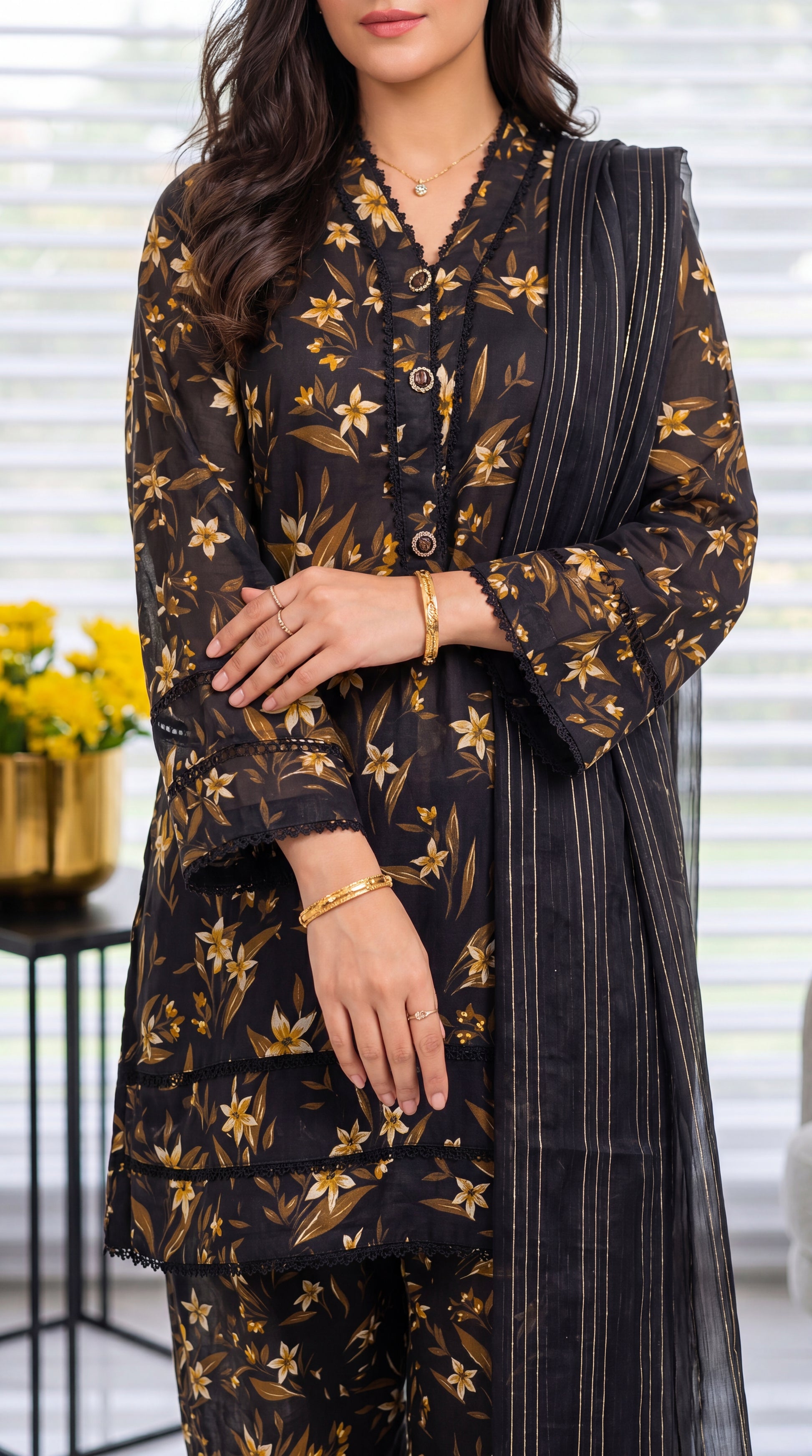 Women's Black Floral Suit PP01174 | Gold Bloom Print & Striped Dupatta | 3 Piece | Lawn Chiffon BLACK / SML