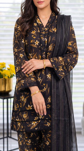Women's Black Floral Suit PP01174 | Gold Bloom Print & Striped Dupatta | 3 Piece | Lawn Chiffon BLACK / SML