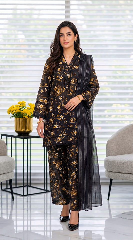 Women's Black Floral Suit PP01174 | Gold Bloom Print & Striped Dupatta | 3 Piece | Lawn Chiffon BLACK / SML