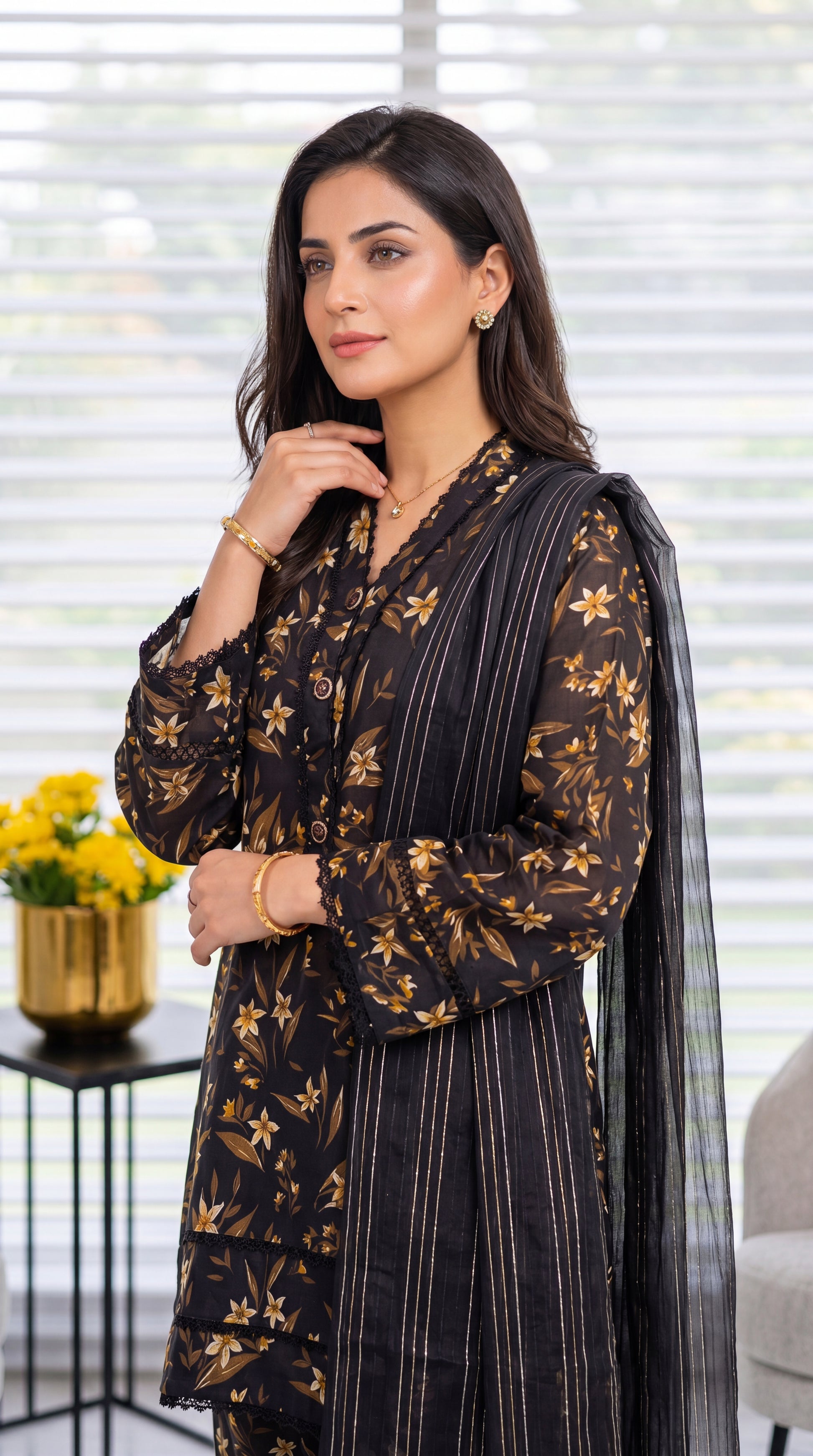 Women's Black Floral Suit PP01174 | Gold Bloom Print & Striped Dupatta | 3 Piece | Lawn Chiffon BLACK / SML