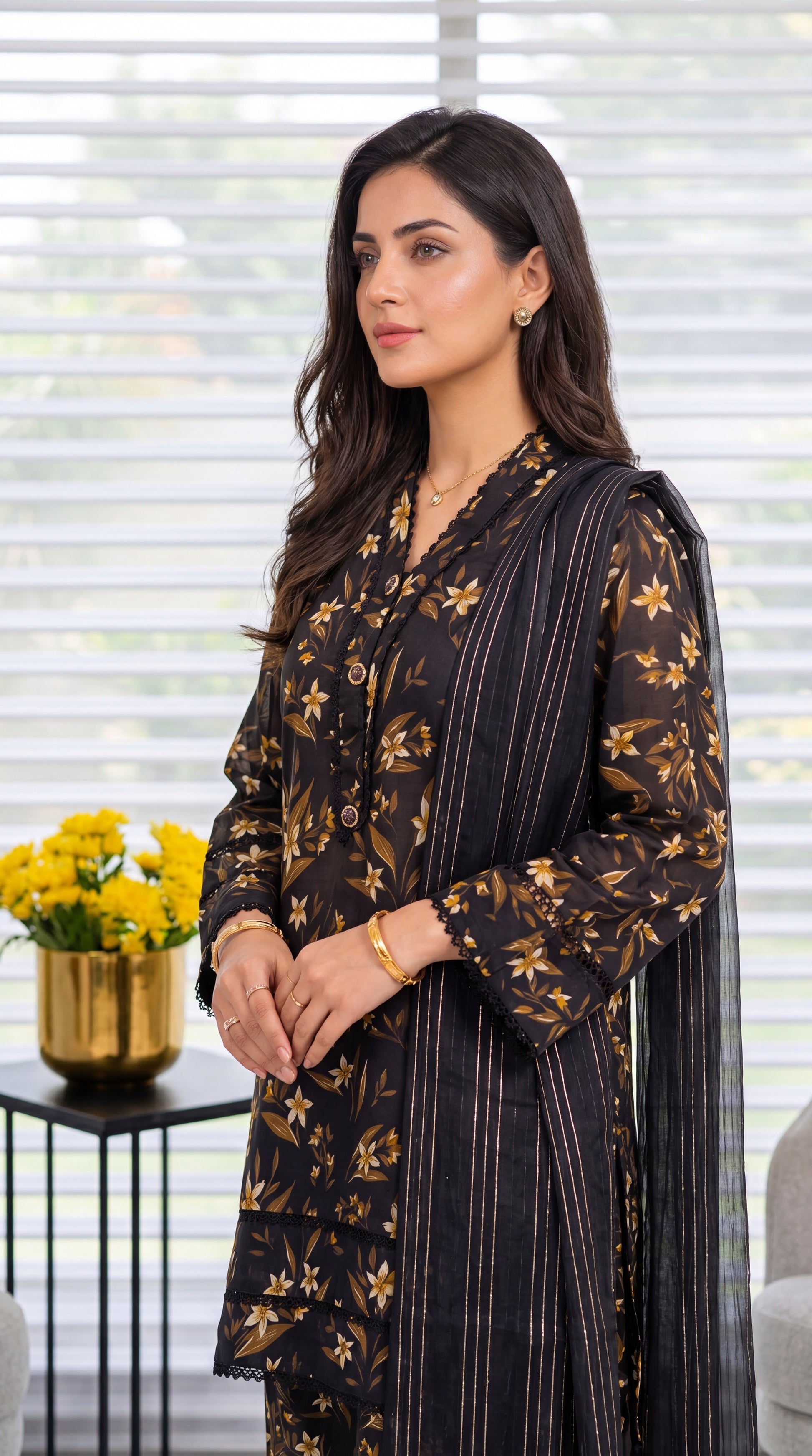 Women's Black Floral Suit PP01174 | Gold Bloom Print & Striped Dupatta | 3 Piece | Lawn Chiffon BLACK / SML