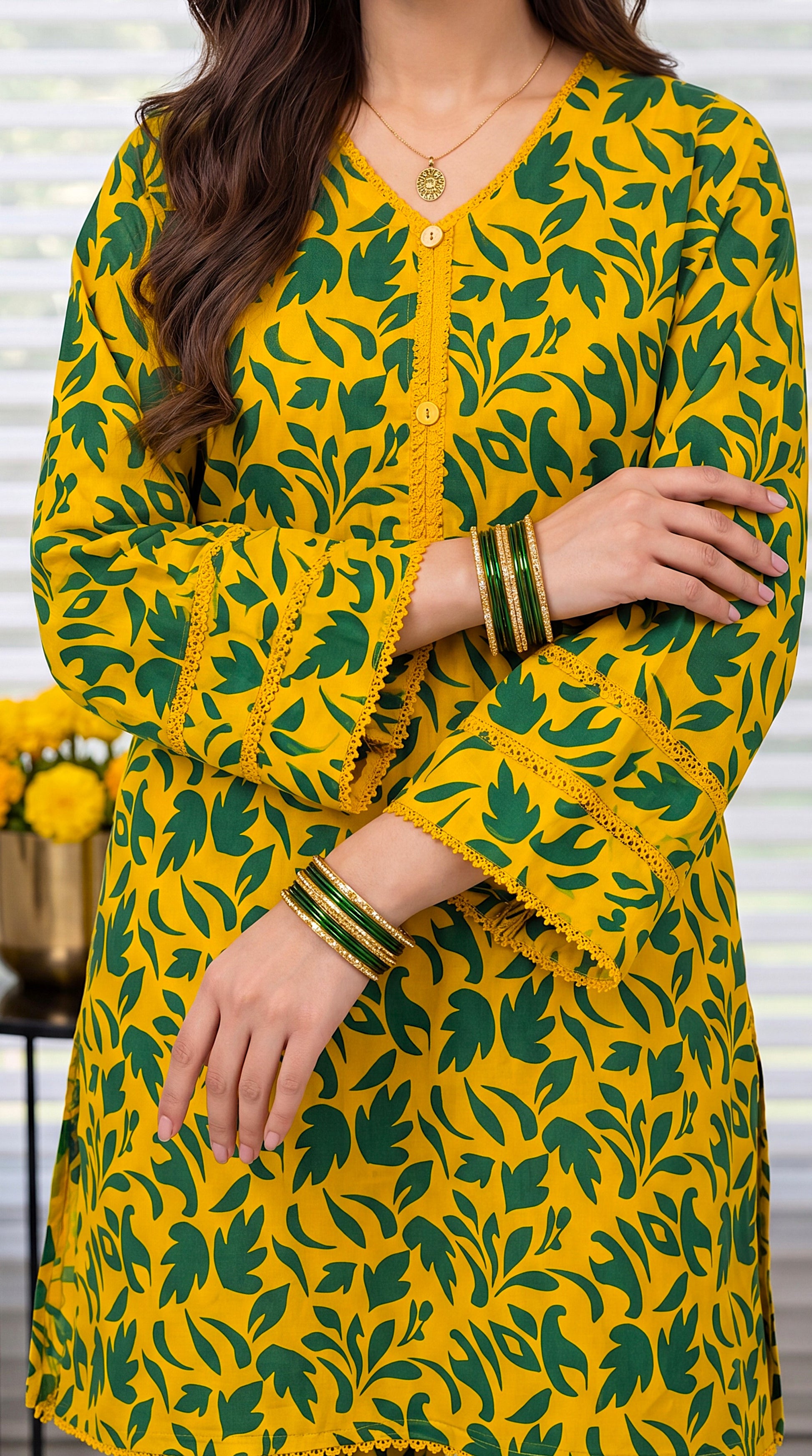 Women's Yellow Green Co-Ord PP01175 | Leaf Print Shirt & Palazzo Trouser | 2 Piece | Cotton Lawn YELLOW / SML