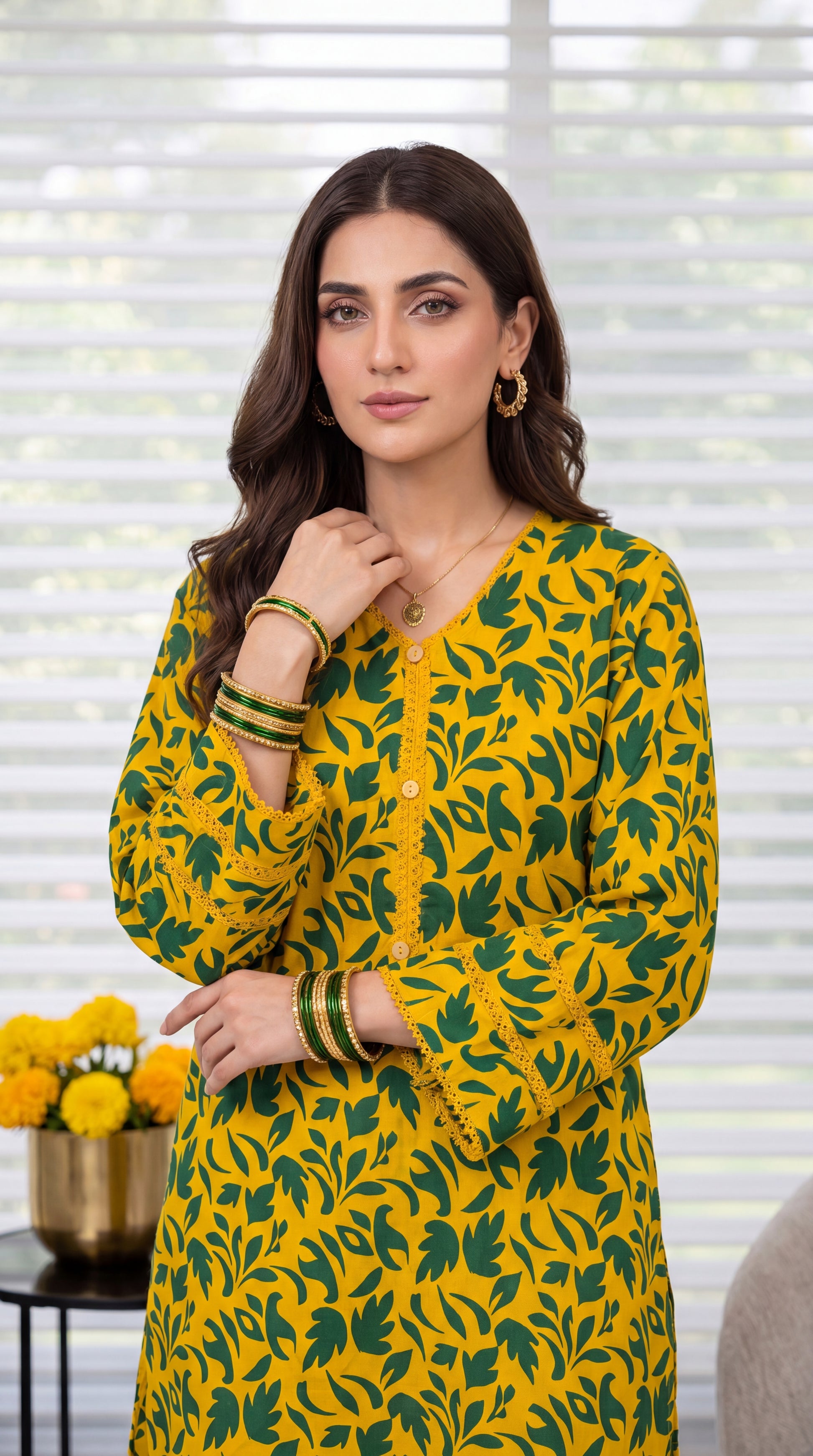 Women's Yellow Green Co-Ord PP01175 | Leaf Print Shirt & Palazzo Trouser | 2 Piece | Cotton Lawn YELLOW / SML