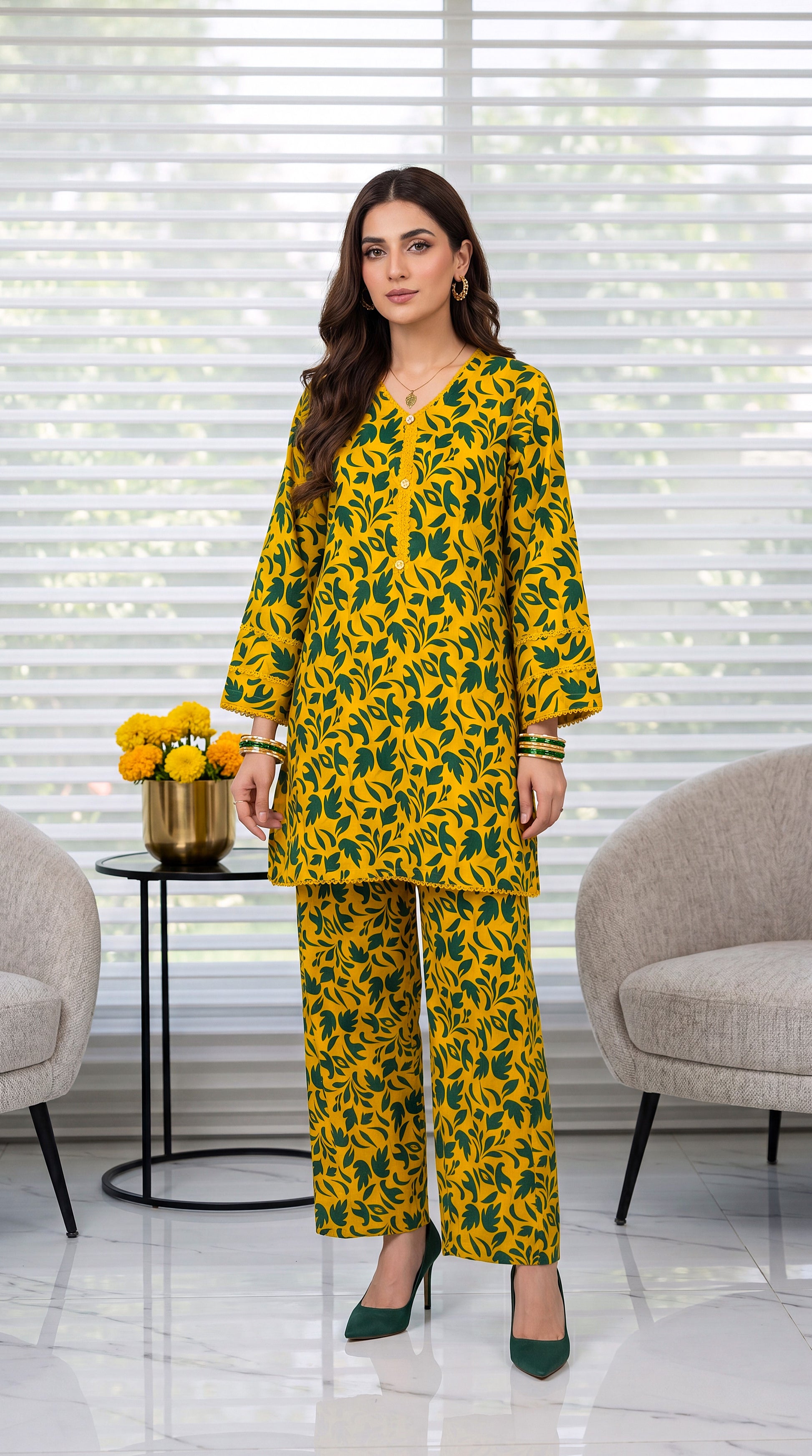 Women's Yellow Green Co-Ord PP01175 | Leaf Print Shirt & Palazzo Trouser | 2 Piece | Cotton Lawn YELLOW / SML