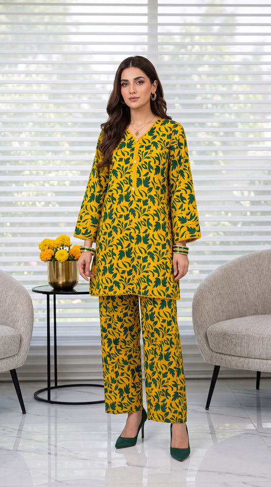 Women's Yellow Green Co-Ord PP01175 | Leaf Print Shirt & Palazzo Trouser | 2 Piece | Cotton Lawn YELLOW / SML