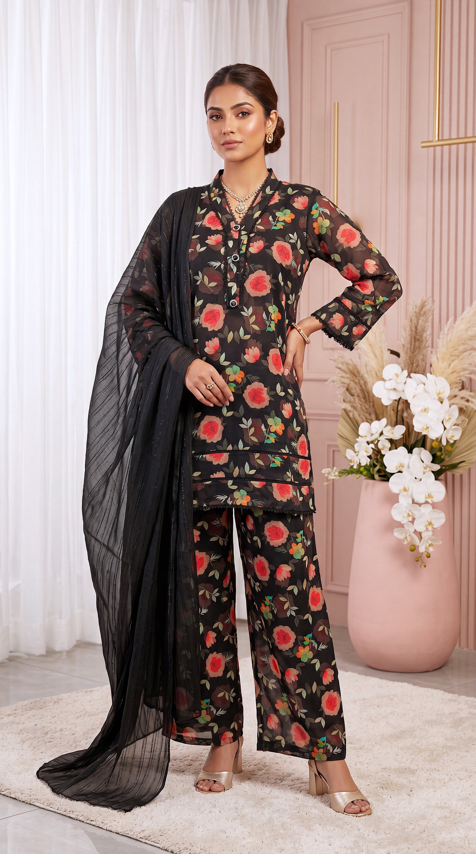 Women's Black Red Floral Co-Ord PP01176 | Rose Print & Sheer Dupatta | 3 Piece | Chiffon Lawn BLACK / SML