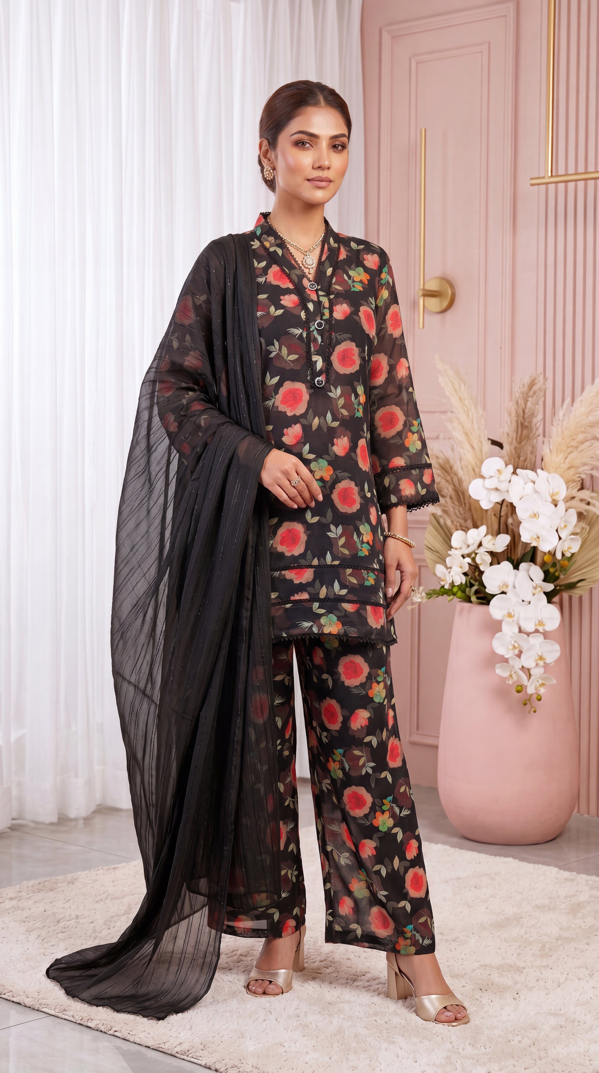 Women's Black Red Floral Co-Ord PP01176 | Rose Print & Sheer Dupatta | 3 Piece | Chiffon Lawn BLACK / SML