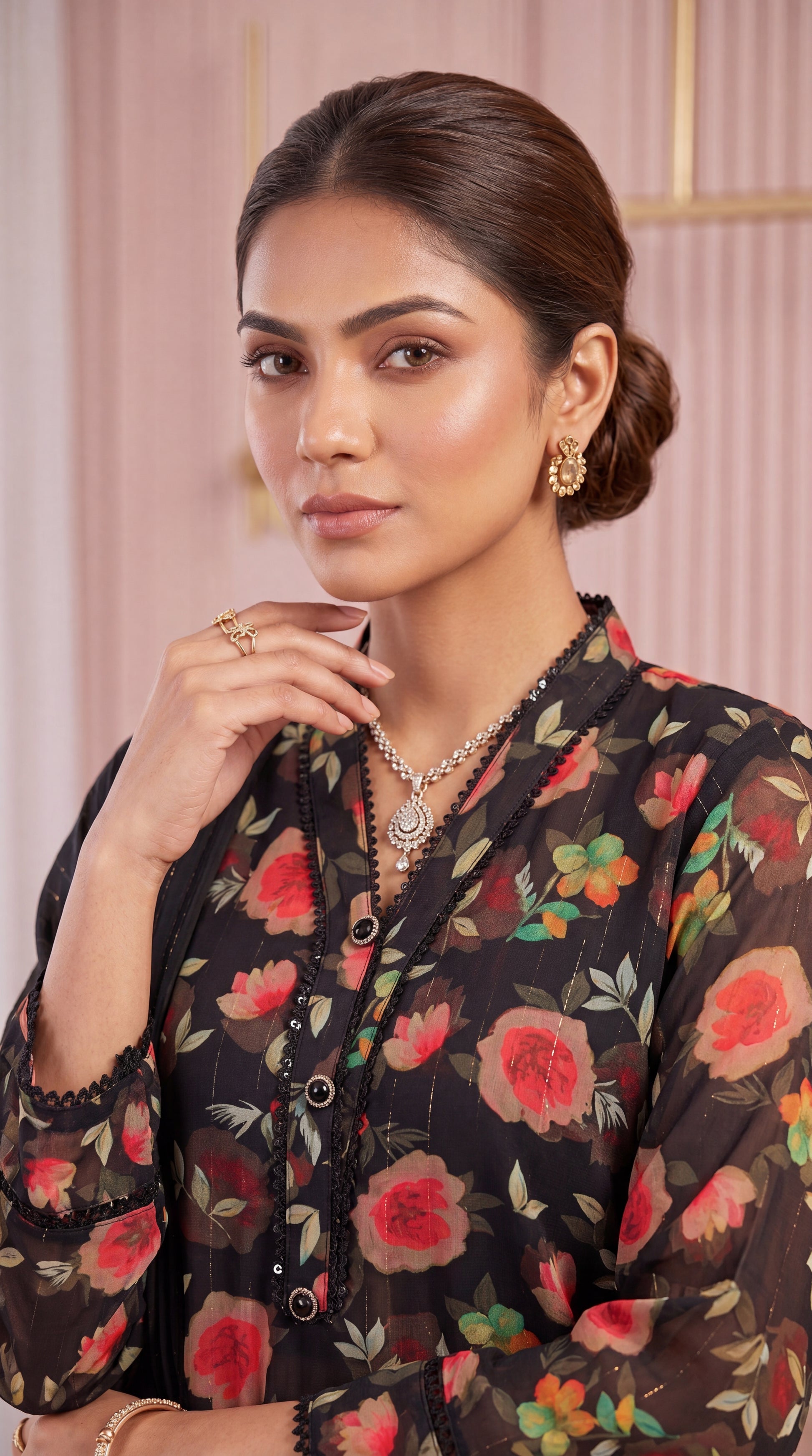 Women's Black Red Floral Co-Ord PP01176 | Rose Print & Sheer Dupatta | 3 Piece | Chiffon Lawn BLACK / SML