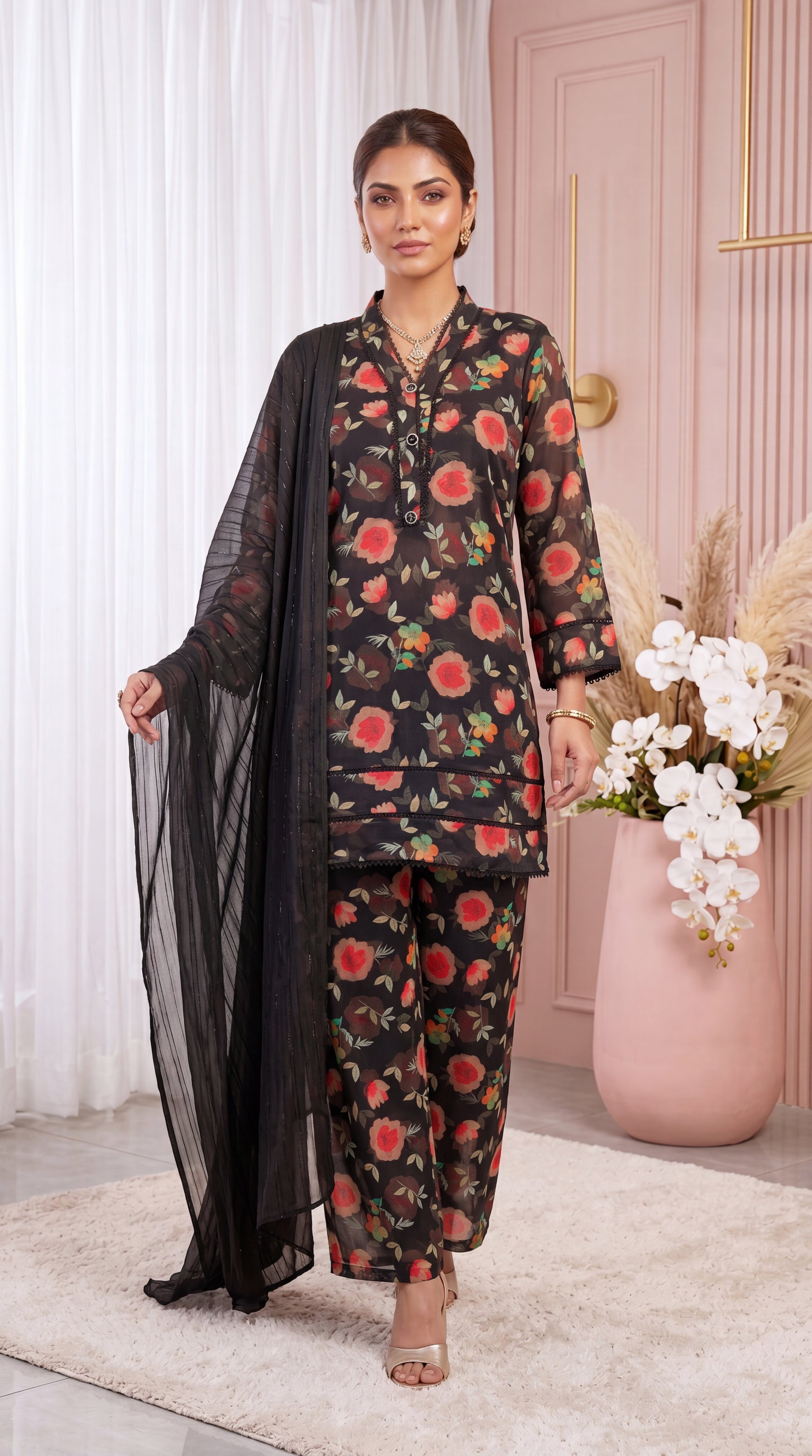 Women's Black Red Floral Co-Ord PP01176 | Rose Print & Sheer Dupatta | 3 Piece | Chiffon Lawn BLACK / SML