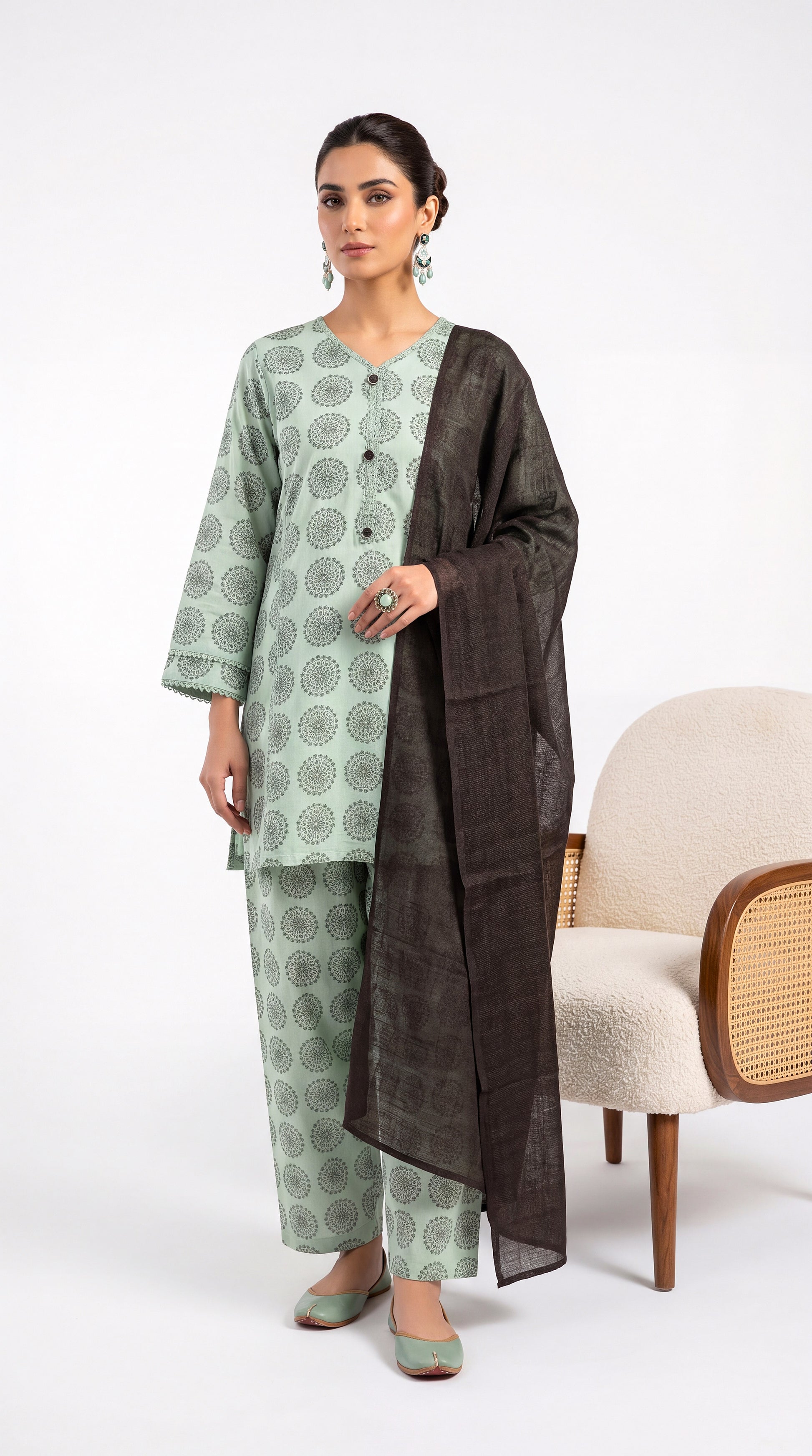 Ladies Printed Co-Ord Set PP01180 Geometric Buti Print 2 Piece C GREEN / SML