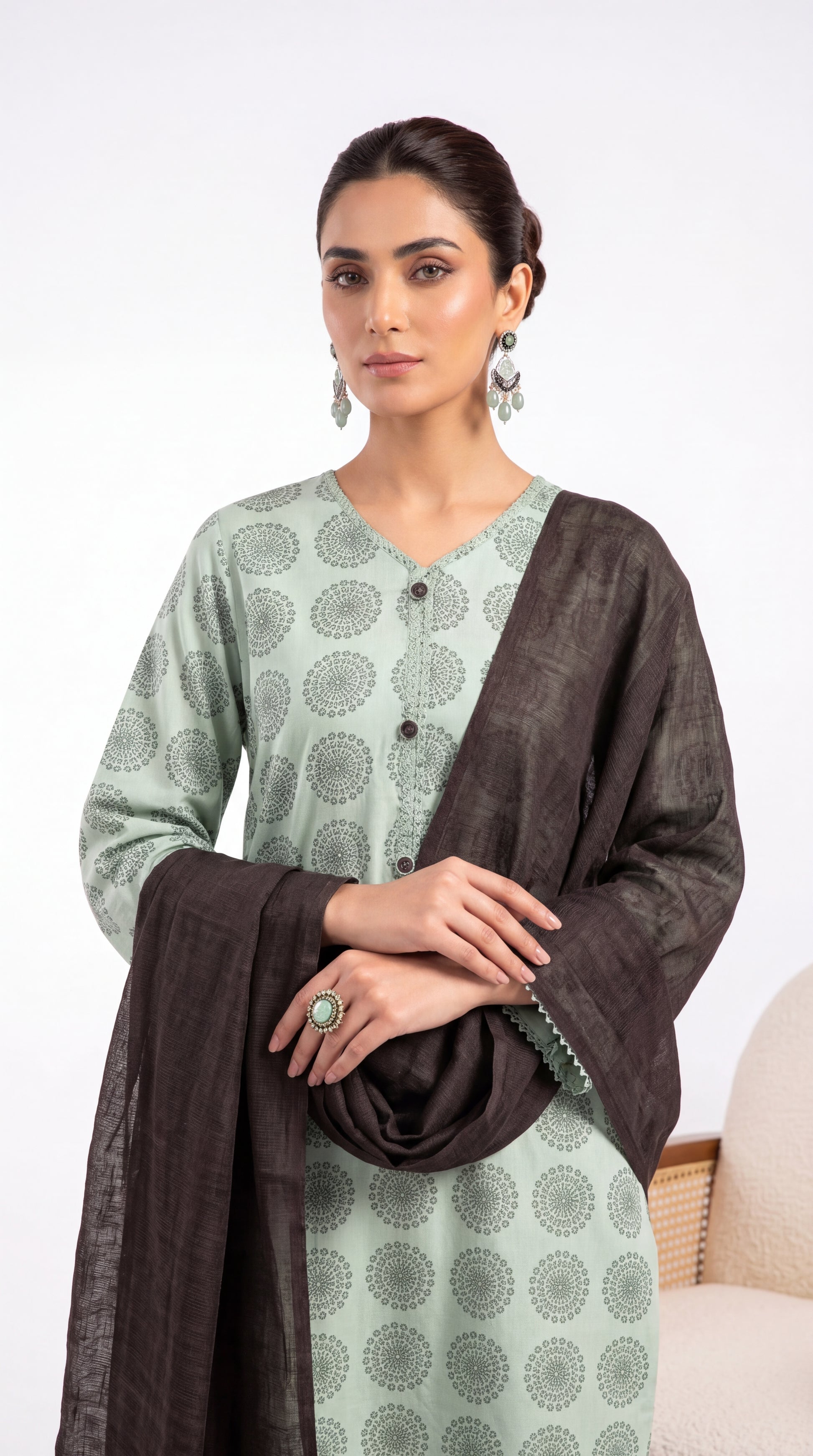 Ladies Printed Co-Ord Set PP01180 Geometric Buti Print 2 Piece C GREEN / SML