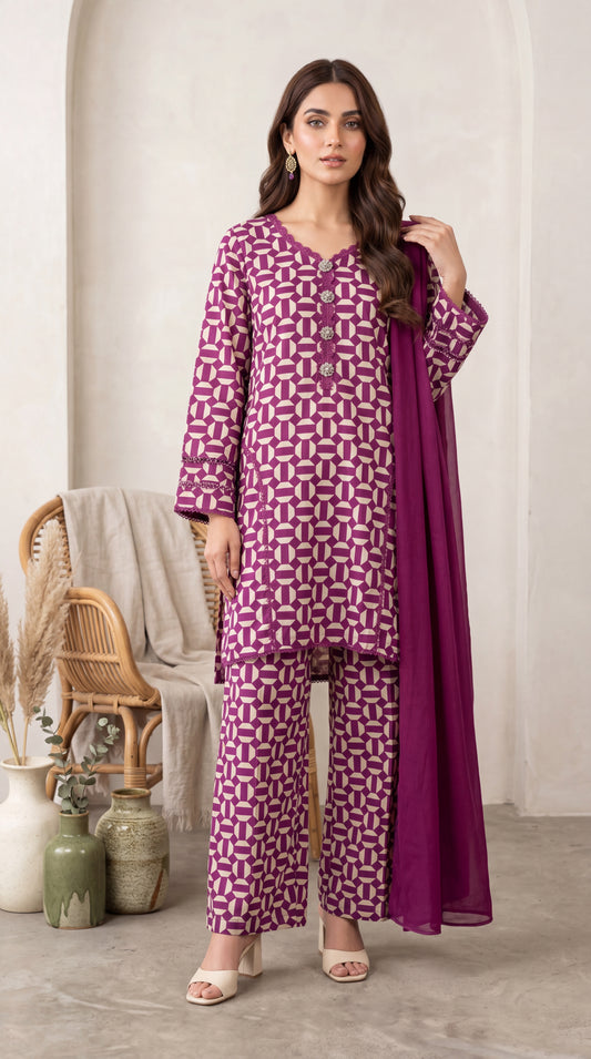 Lawn Geometric Printed 3 Pc Suit PP01211 PURPLE / SML