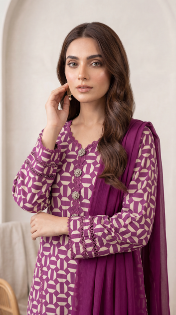 Lawn Geometric Printed 3 Pc Suit PP01211 PURPLE / SML