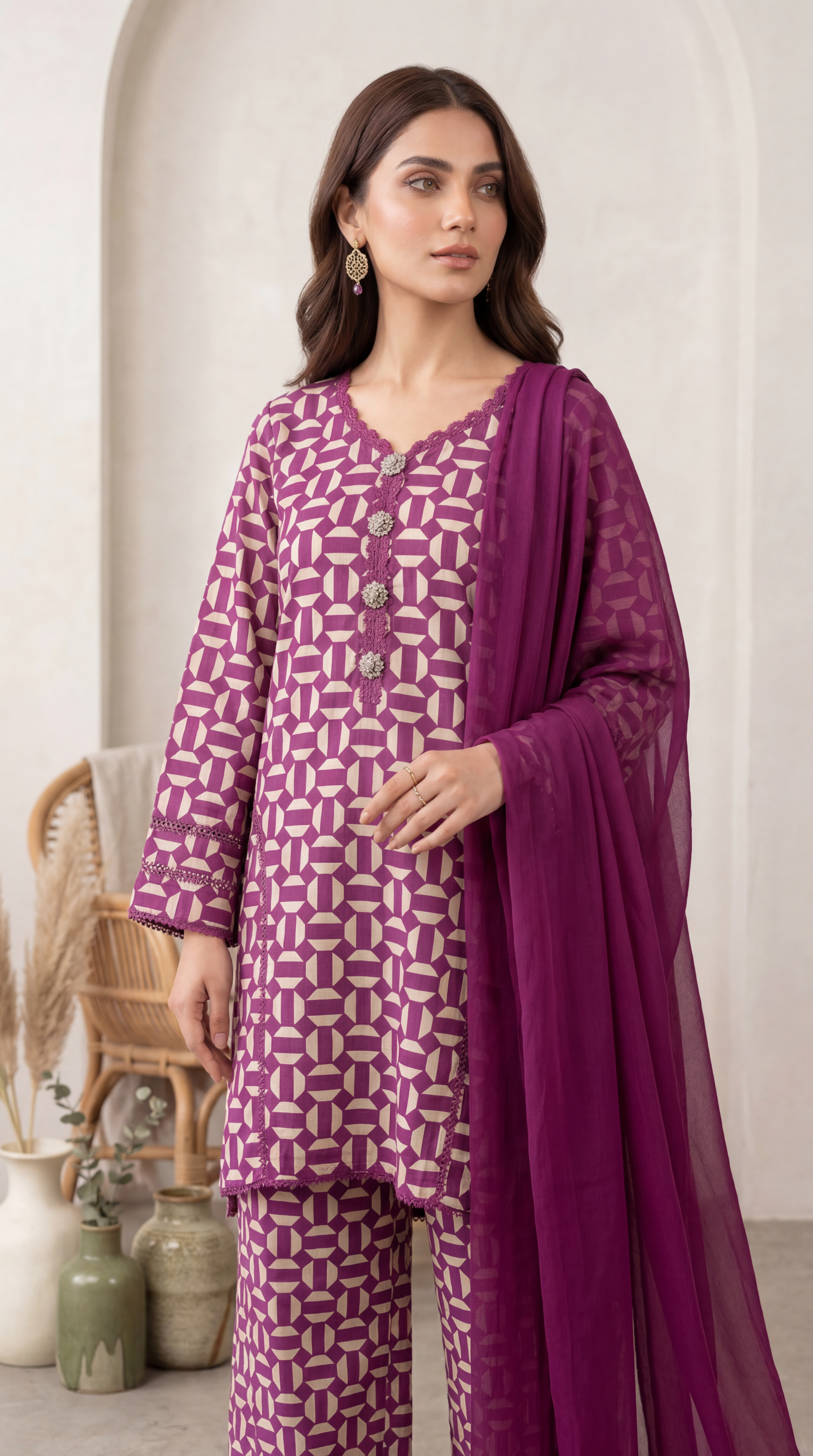 Lawn Geometric Printed 3 Pc Suit PP01211 PURPLE / SML