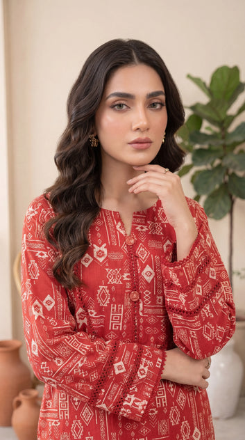 Lawn Ethnic Printed  PP01212 Tribal Print  2 Pc RED / SML