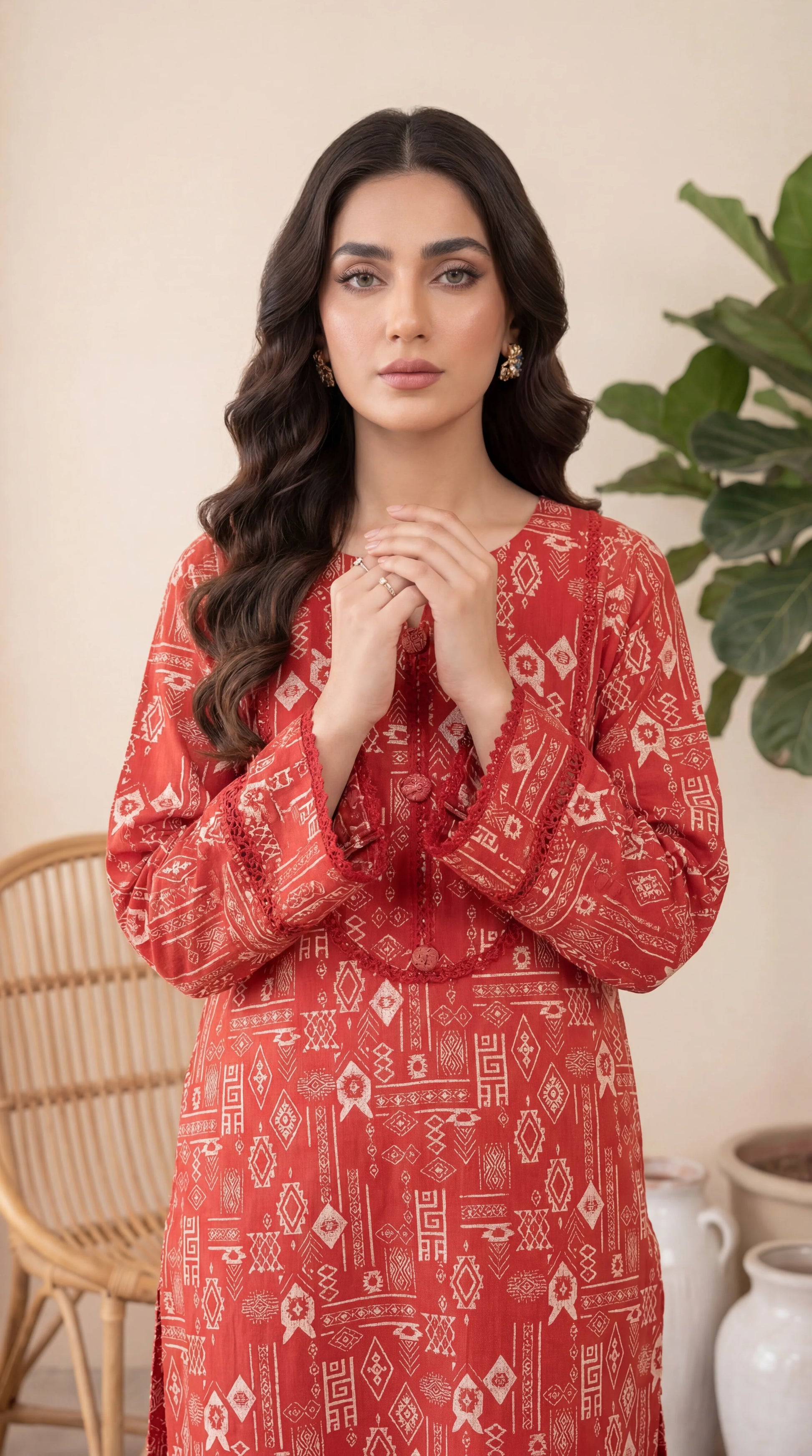 Lawn Ethnic Printed  PP01212 Tribal Print  2 Pc RED / SML