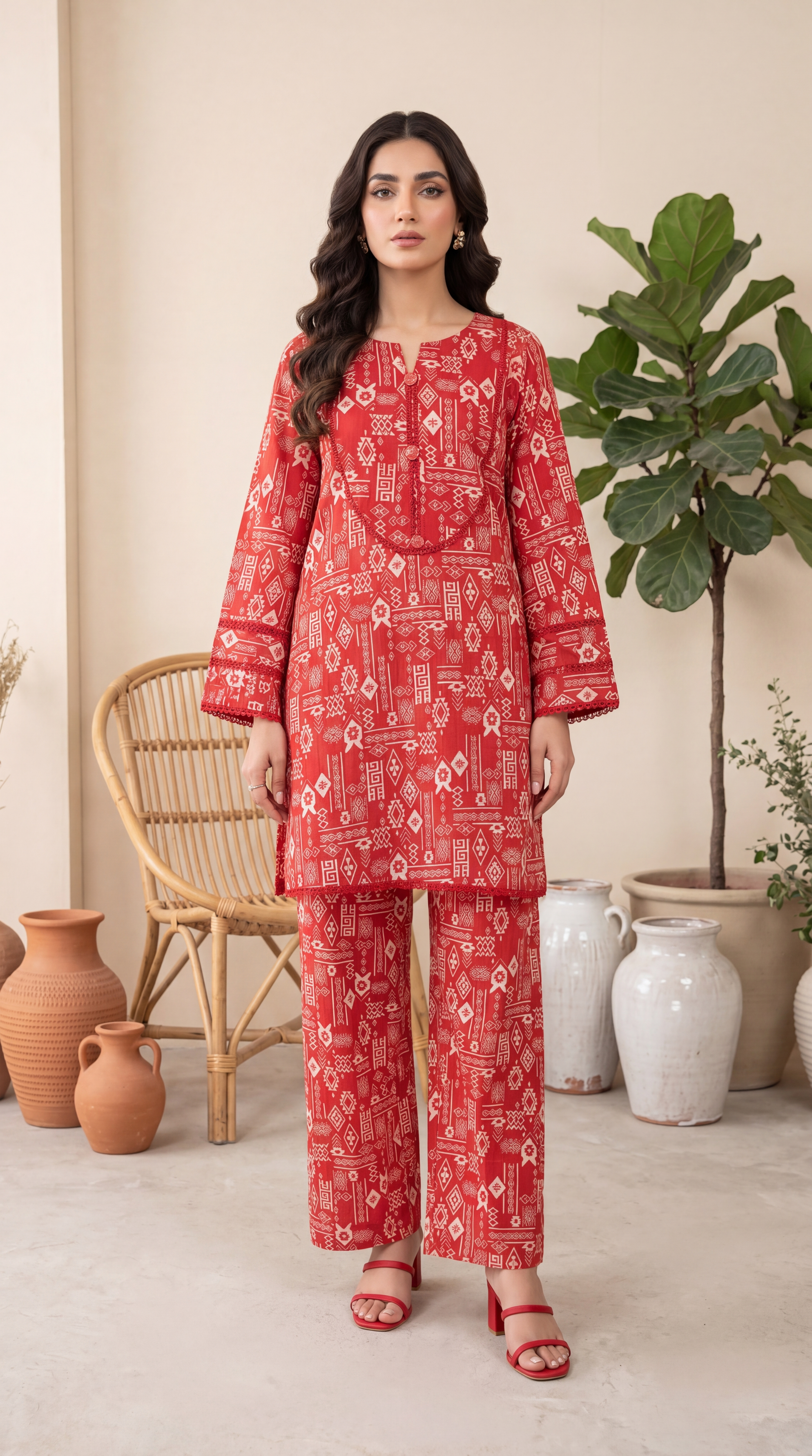 Lawn Ethnic Printed  PP01212 Tribal Print  2 Pc RED / SML