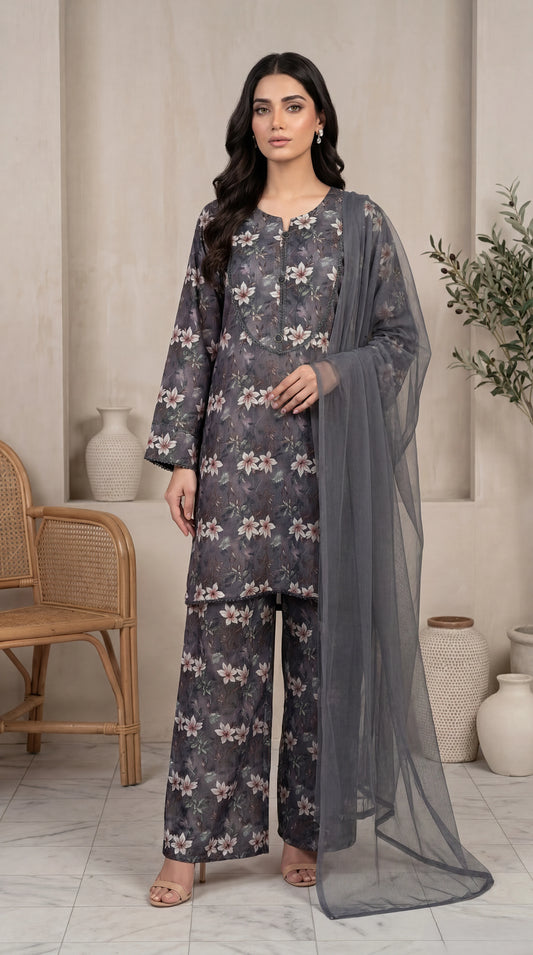 Lawn Printed Suit PP01213 Floral Print & Chiffon Dupatta 3 PC GRAY / SML