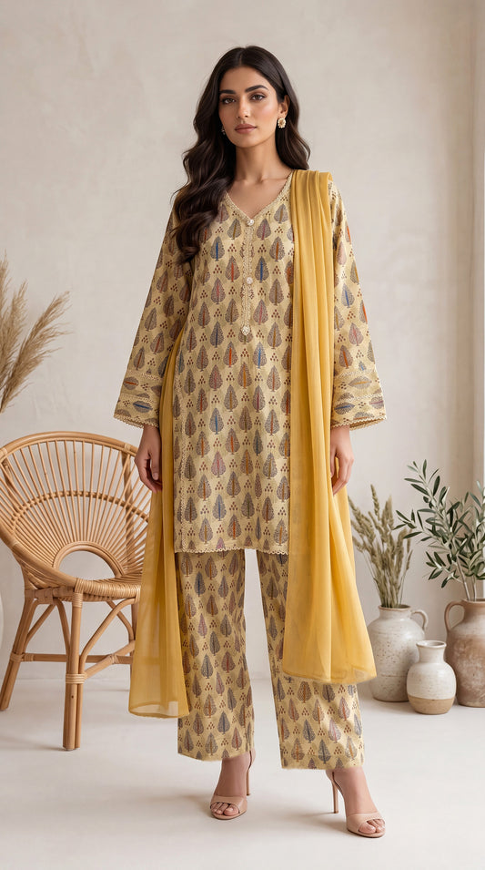 Lawn Printed Suit PP01214 Leaf Motif Print 3 Pc CREAM / SML