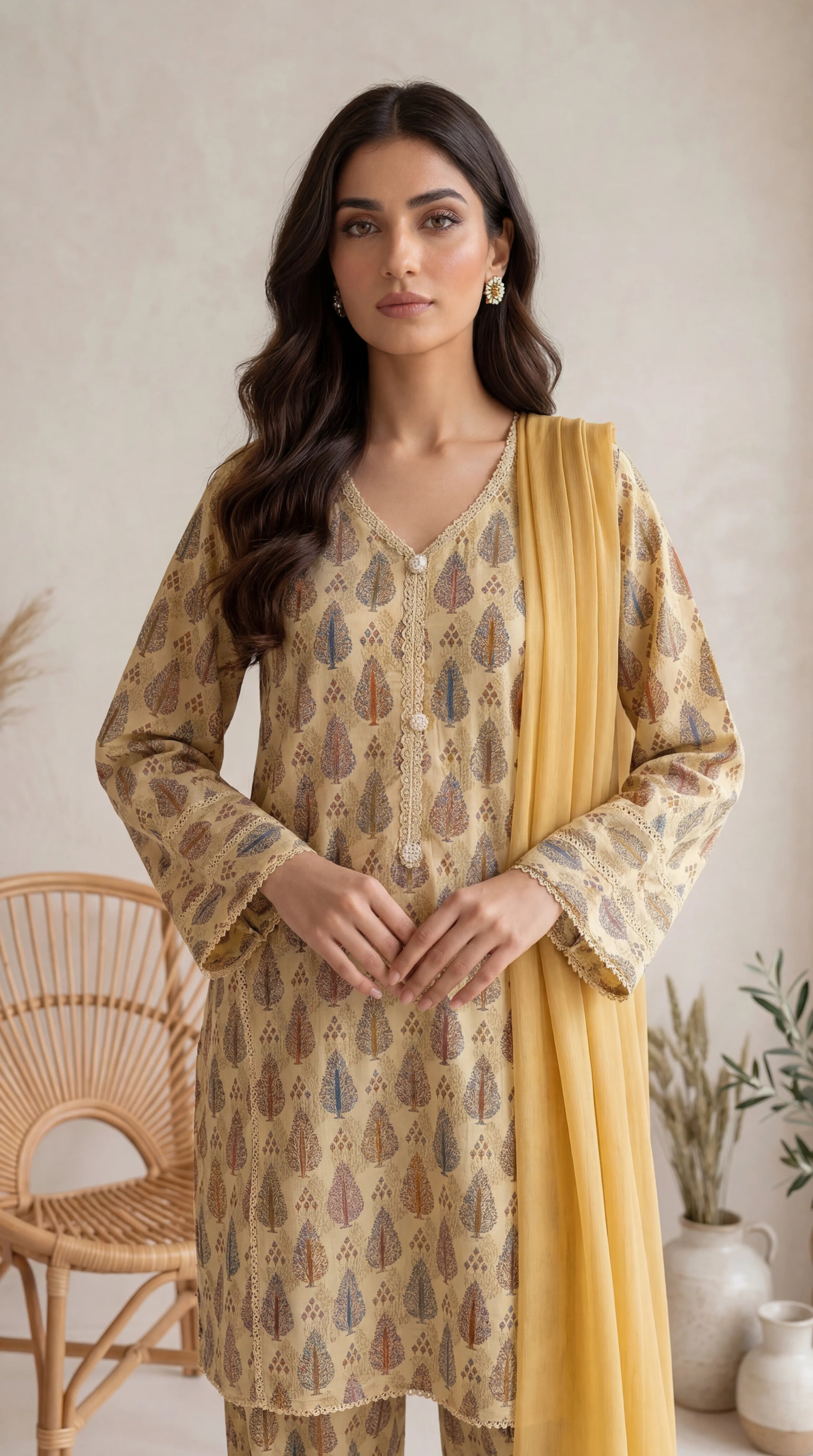 Lawn Printed Suit PP01214 Leaf Motif Print 3 Pc CREAM / SML