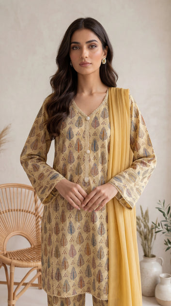 Lawn Printed Suit PP01214 Leaf Motif Print 3 Pc CREAM / SML