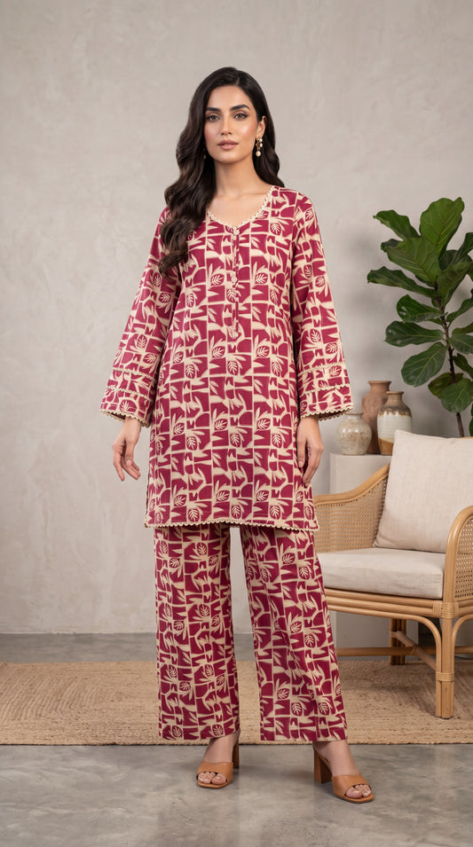 Lawn Printed PP01218 Abstract Leaf Print  2 Pc Soft Texture RED / SML