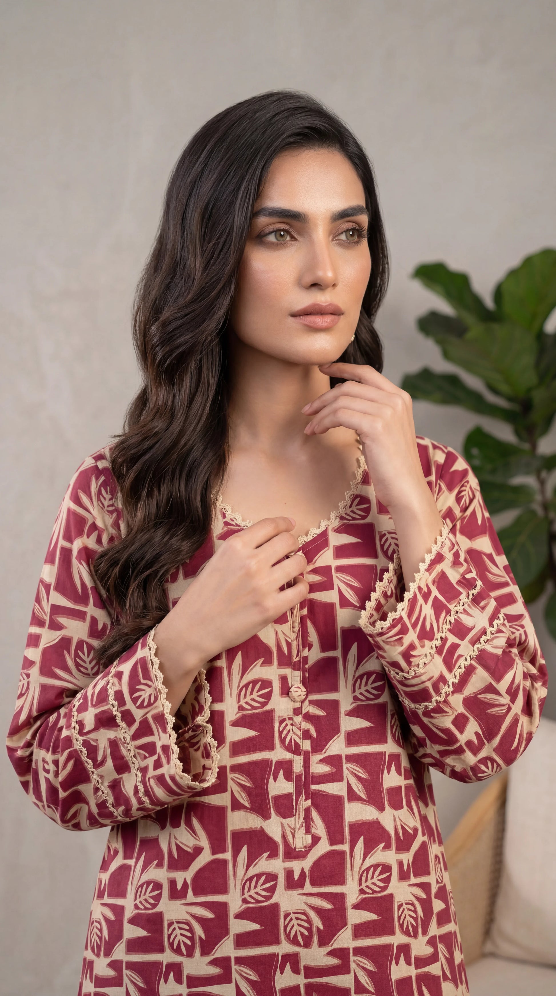 Lawn Printed PP01218 Abstract Leaf Print  2 Pc Soft Texture RED / SML