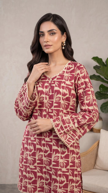 Lawn Printed PP01218 Abstract Leaf Print  2 Pc Soft Texture RED / SML