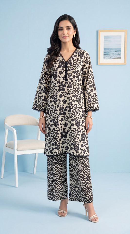 Women's Monochrome Floral Set PP01225 | Black White Floral Shirt & Zebra Trouser | 2 Piece | Crepe BLACK / SML