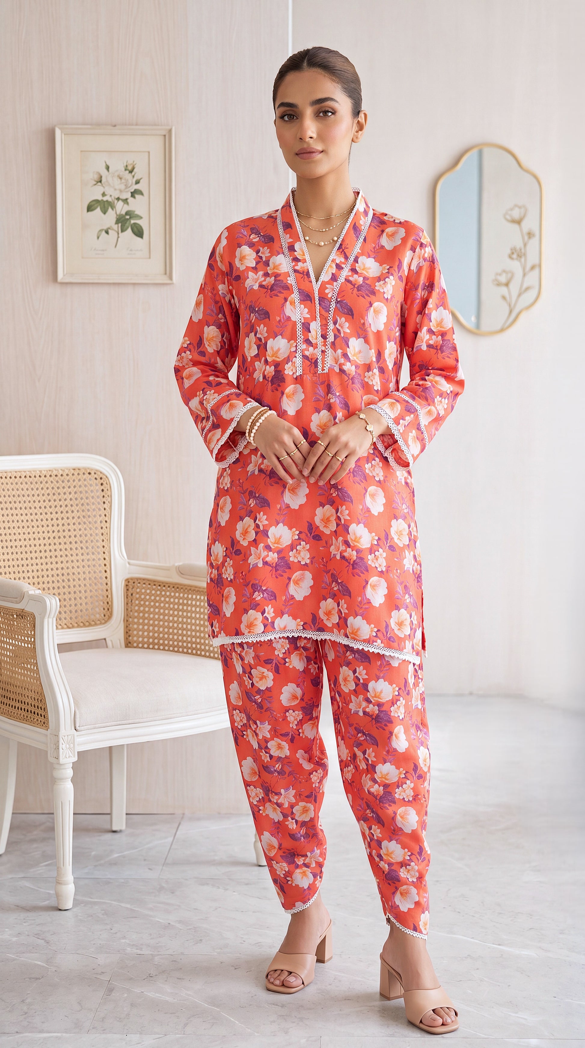 Women's Coral Floral Lounge Set PP01226 | Blossom Print & Lace Trim | 2 Piece | Soft Jersey PINK / SML