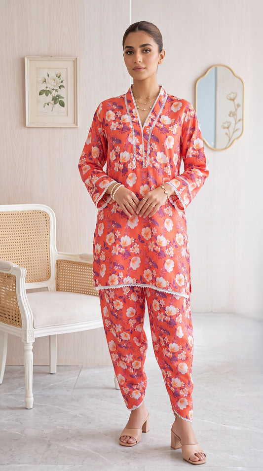 Women's Coral Floral Lounge Set PP01226 | Blossom Print & Lace Trim | 2 Piece | Soft Jersey PINK / SML