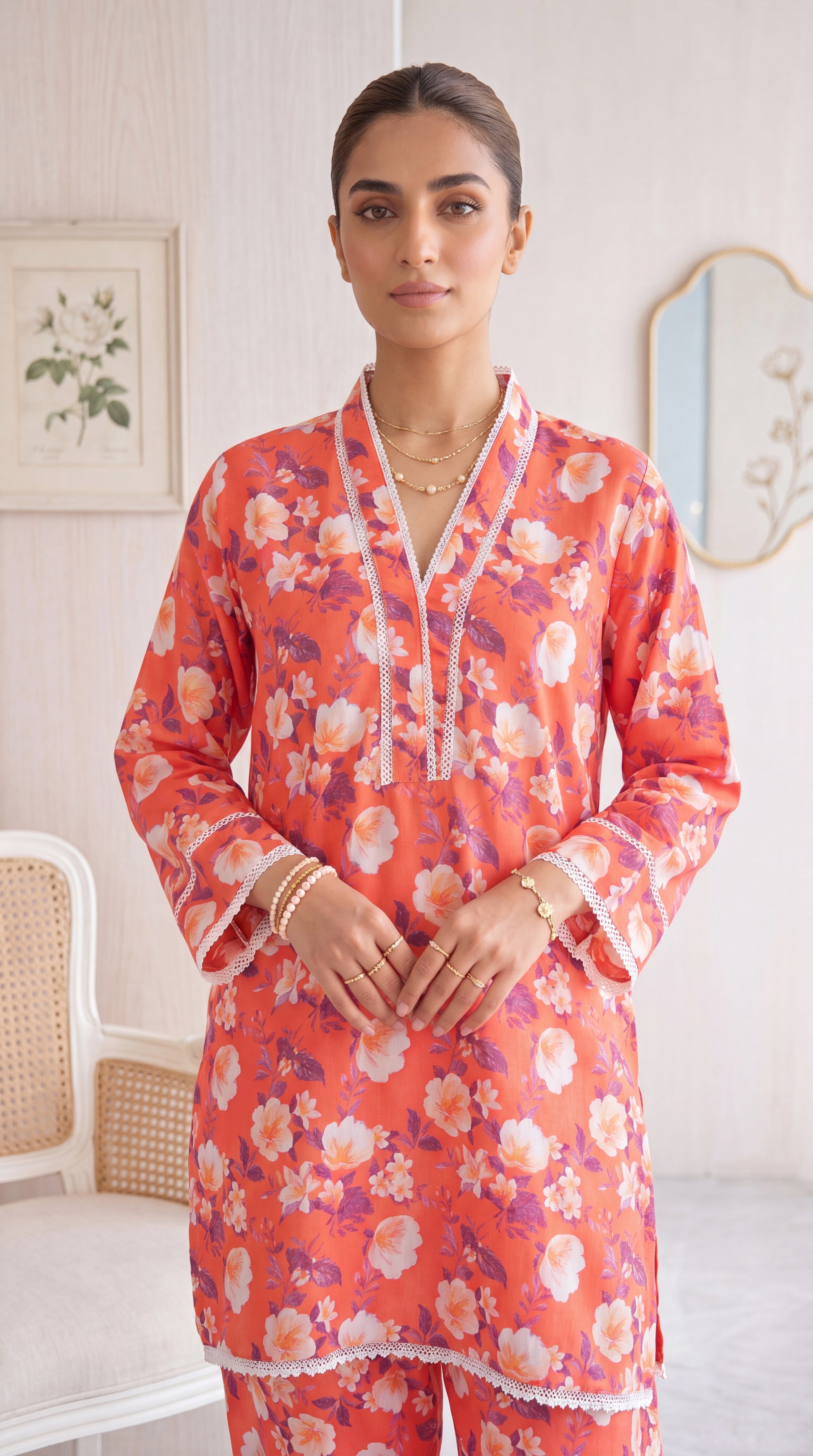 Women's Coral Floral Lounge Set PP01226 | Blossom Print & Lace Trim | 2 Piece | Soft Jersey PINK / SML