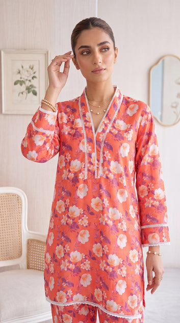Women's Coral Floral Lounge Set PP01226 | Blossom Print & Lace Trim | 2 Piece | Soft Jersey PINK / SML