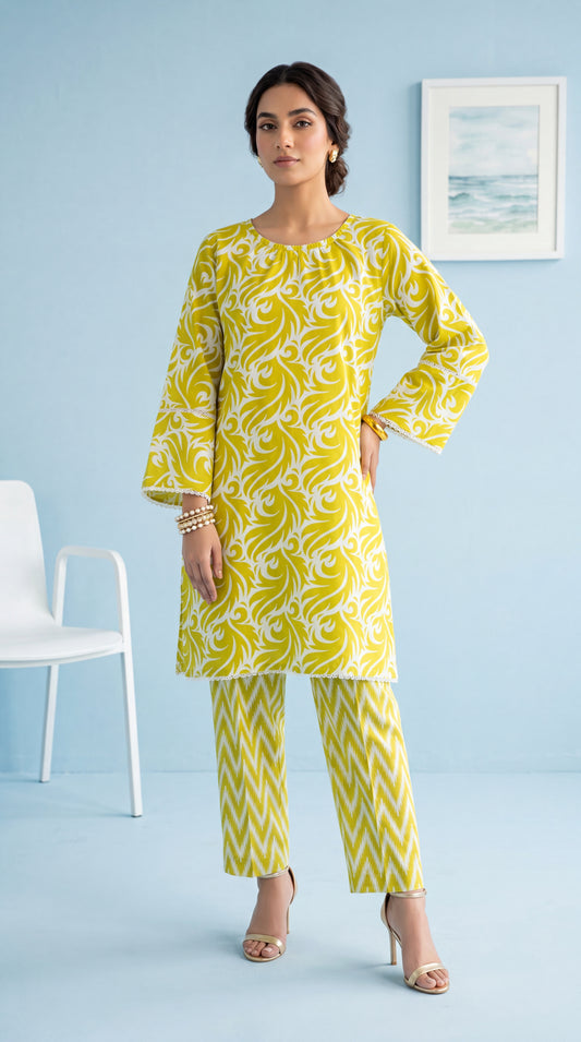 Women's Printed Co-Ord Set PP01227 | Botanical Pattern & Straight Trouser | 2 Piece | Cotton Blend Mehandi / SML