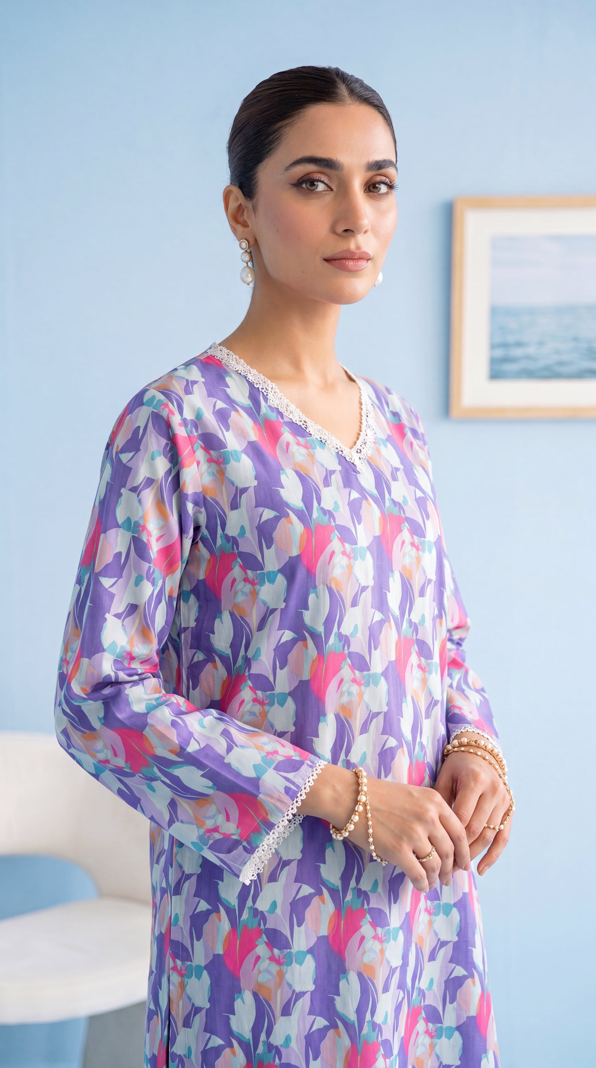 Women's Floral Kurta Set PP01228 | Modern All Over Print & Trouser | 2 Piece | Cambric PURPLE / SML