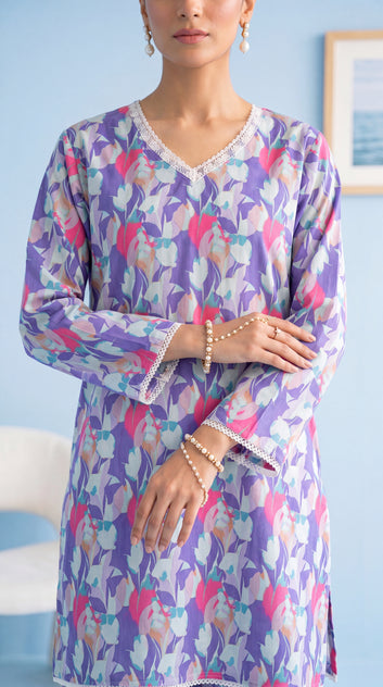 Women's Floral Kurta Set PP01228 | Modern All Over Print & Trouser | 2 Piece | Cambric PURPLE / SML