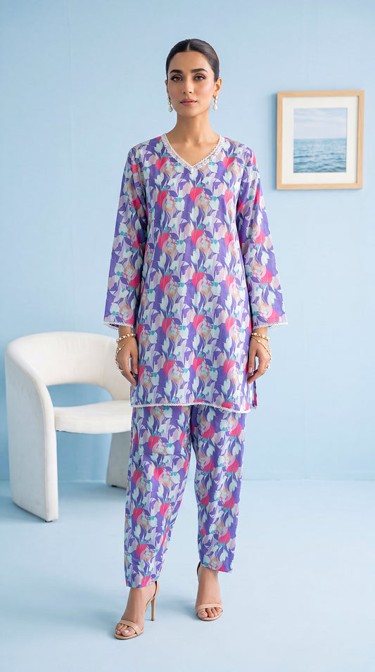 Women's Floral Kurta Set PP01228 | Modern All Over Print & Trouser | 2 Piece | Cambric PURPLE / SML