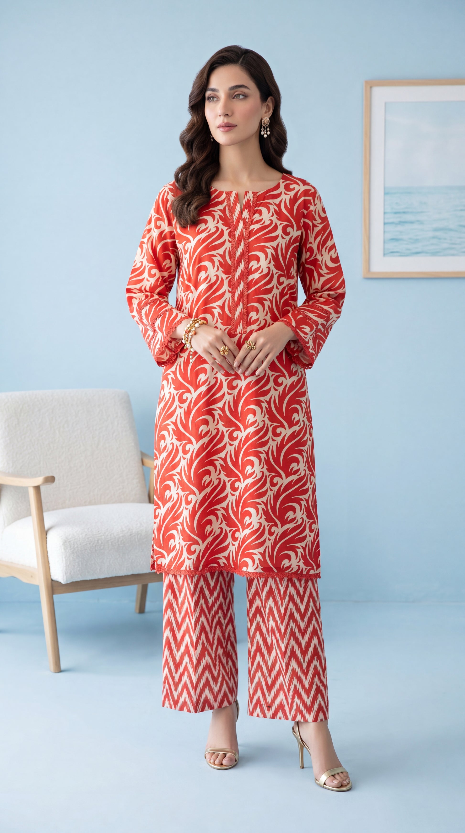 Women's Casual Printed Suit PP01230 | Geometric Floral Motifs & Matching Pants | 2 Piece | Soft Lawn RED / SML
