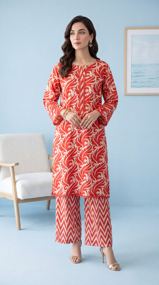 Women's Casual Printed Suit PP01230 | Geometric Floral Motifs & Matching Pants | 2 Piece | Soft Lawn RED / SML
