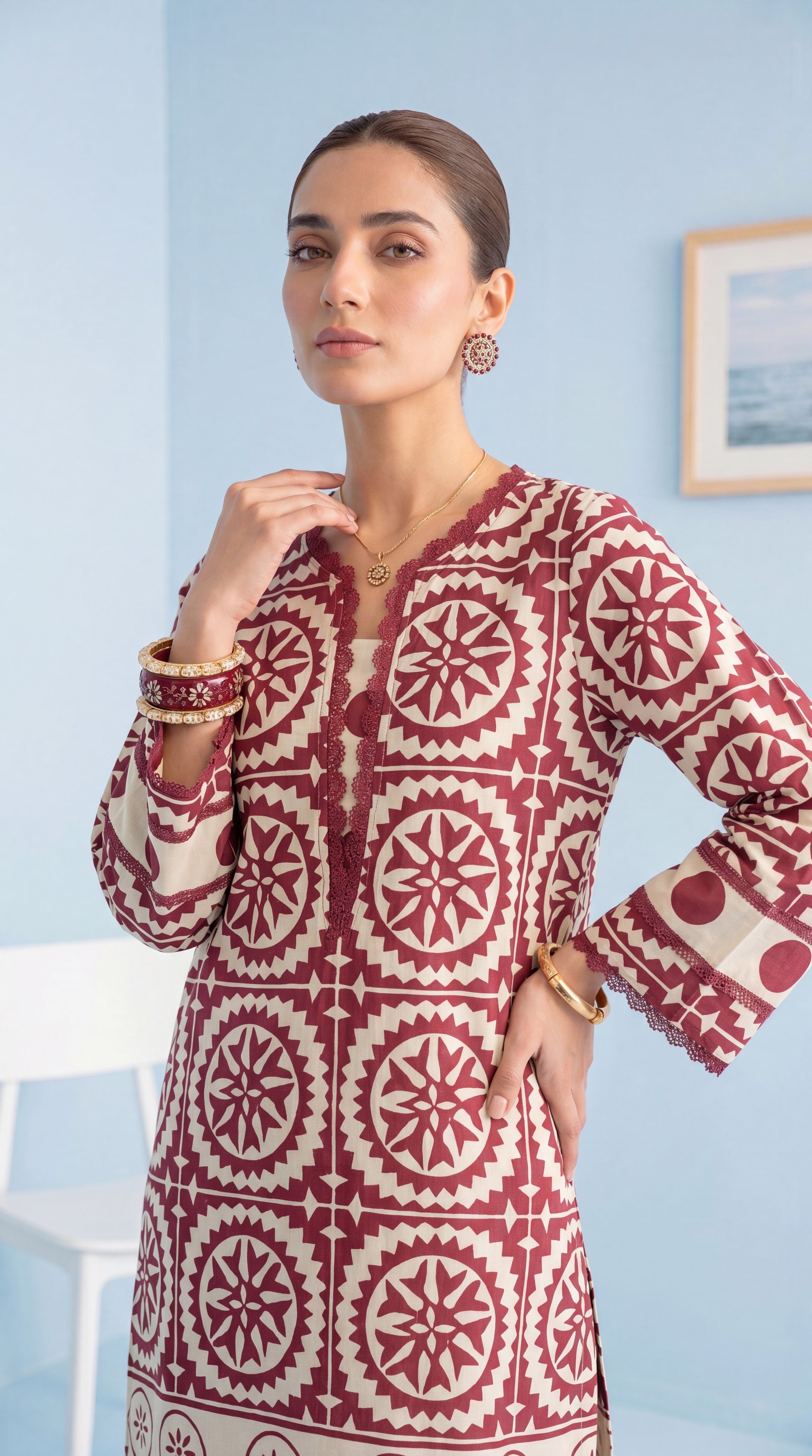 Women's Summer Print Co-Ord PP01231 | Abstract Bloom Design & Palazzo Pants | 2 Piece | Linen Blend MEHROON / SML