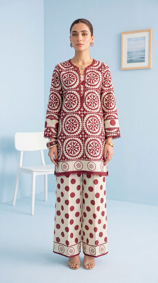Women's Summer Print Co-Ord PP01231 | Abstract Bloom Design & Palazzo Pants | 2 Piece | Linen Blend MEHROON / SML