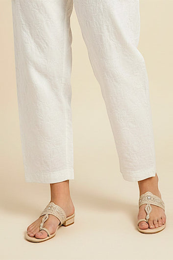 WHITE COTTON  EMBROIDERED TROUSERS - PTR0003
