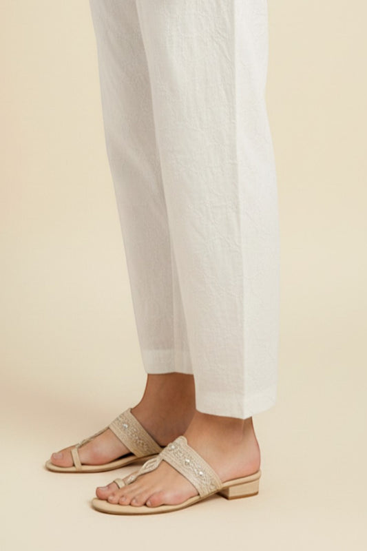 WHITE COTTON  EMBROIDERED TROUSERS - PTR0003