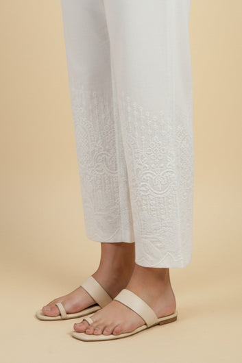 WHITE COTTON  EMBROIDERED TROUSERS - PTR0004