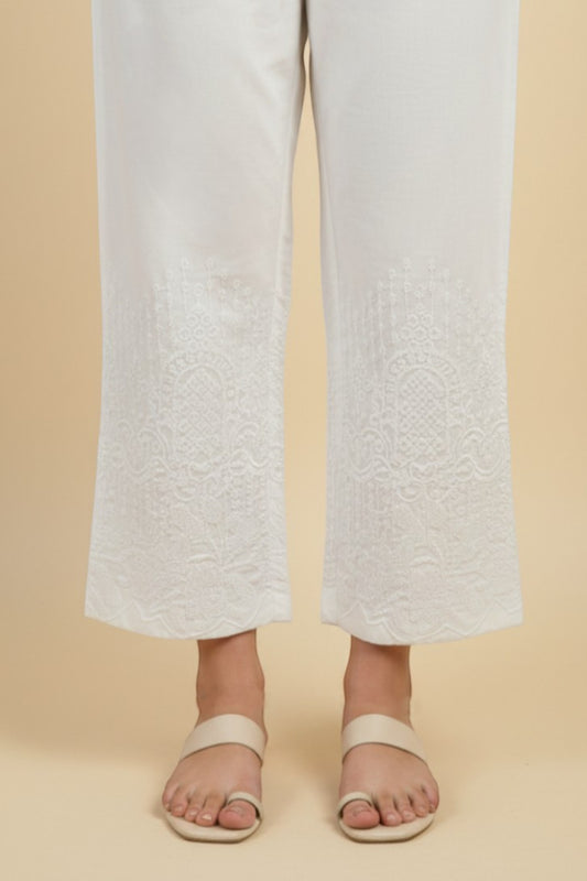 WHITE COTTON  EMBROIDERED TROUSERS - PTR0004