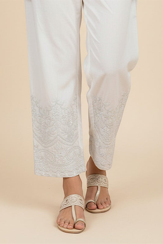 WHITE COTTON  EMBROIDERED TROUSERS - PTR0008